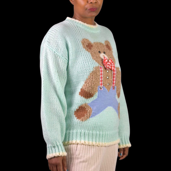 Vintage Far Near Teddy Bear 3D Sweater Green Pastel Textured Camp Novelty Large - Picture 3 of 16